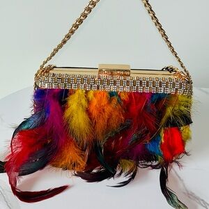 Multicolor Feather Rhinestone Gold Chain Shoulder Bag Evening Purse